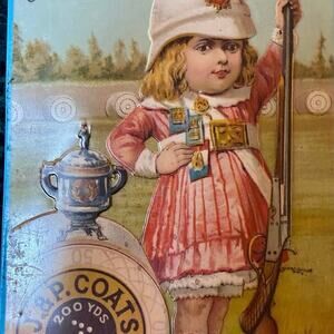 🧵 Vintage J&P Coats Tin Sign – “The Champion” Rifle Girl – Thread Ad Decor